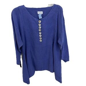 Mosaic USA Linen Tunic Top V-neck Mother-of-Pearl Buttons Sharkbite Hem S EUC